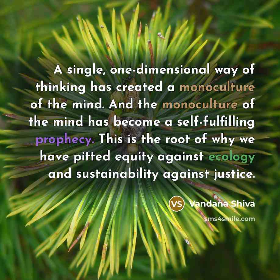 “A single, one-dimensional way of thinking has created a monoculture of the mind. And the monoculture of the mind has become a self-fulfilling prophecy. This is the root of why we have pitted equity against ecology and sustainability against justice.” quote by Vandana Shiva