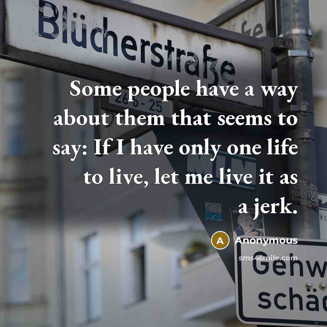 “Some people have a way about them that seems to say: If I have only one life to live, let me live it as a jerk.” quote by Anonymous