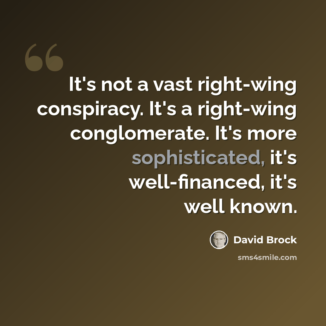 “It's not a vast right-wing conspiracy. It's a right-wing conglomerate. It's more sophisticated, it's well-financed, it's well known.” quote by David Brock