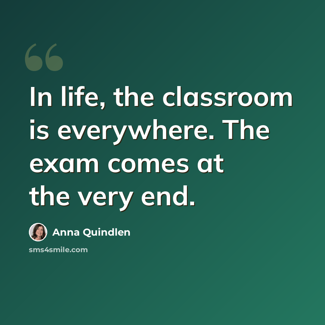 “In life, the classroom is everywhere. The exam comes at the very end.” quote by Anna Quindlen
