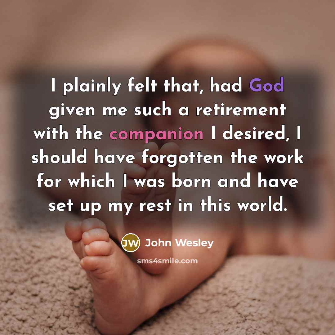 “I plainly felt that, had God given me such a retirement with the companion I desired, I should have forgotten the work for which I was born and have set up my rest in this world.” quote by John Wesley