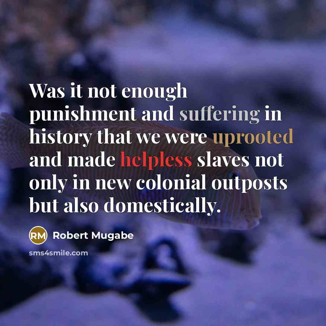 “Was it not enough punishment and suffering in history that we were uprooted and made helpless slaves not only in new colonial outposts but also domestically.” quote by Robert Mugabe