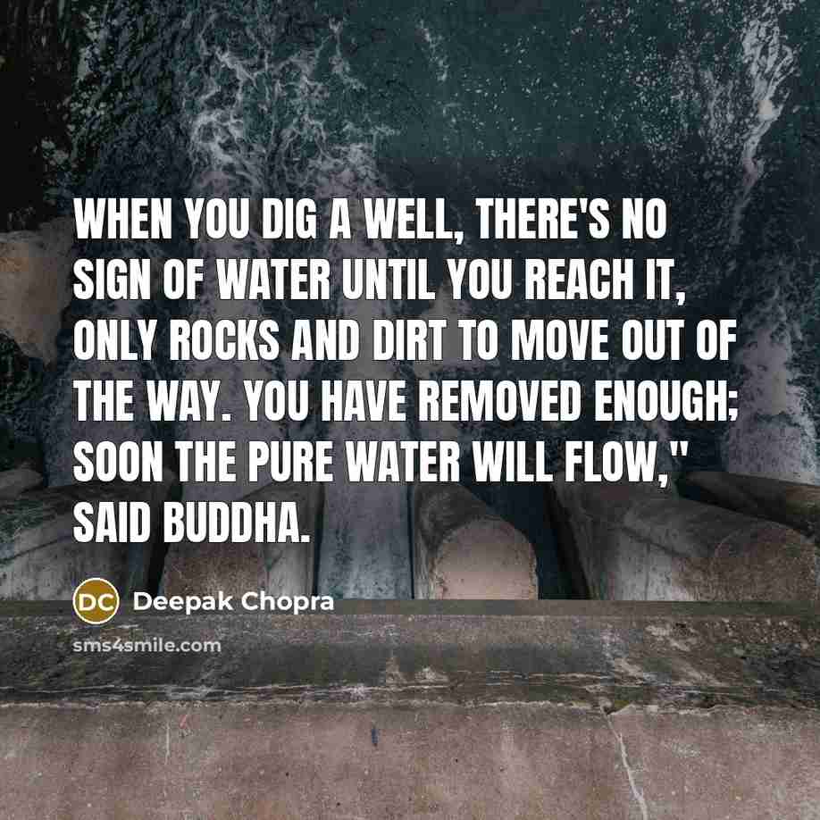“When you dig a well, there's no sign of water until you reach it, only rocks and dirt to move out of the way. You have removed enough; soon the pure water will flow," said Buddha.” quote by Deepak Chopra