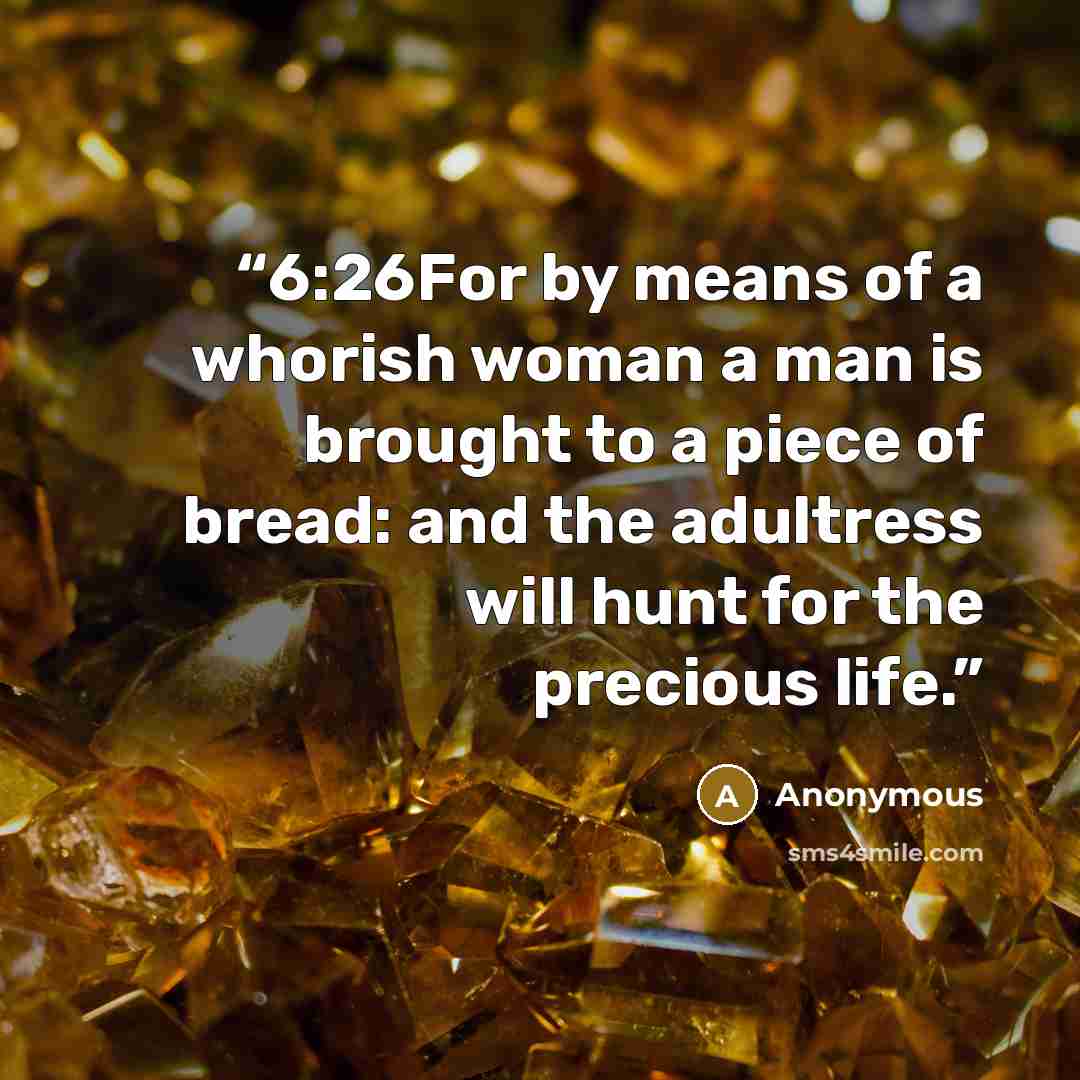 “6:26For by means of a whorish woman a man is brought to a piece of bread: and the adultress will hunt for the precious life.” quote by Anonymous
