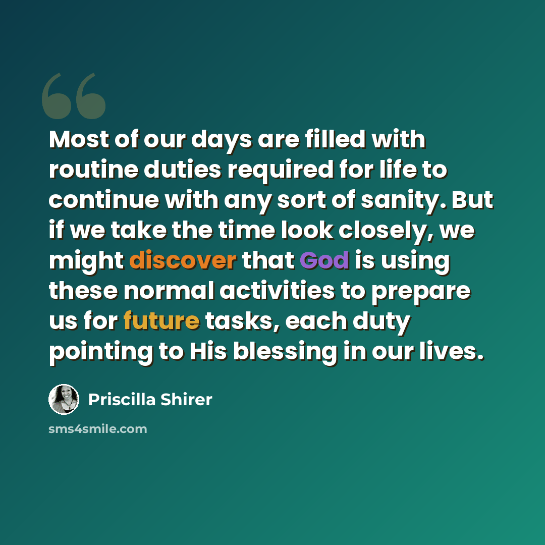 “Most of our days are filled with routine duties required for life to continue with any sort of sanity. But if we take the time look closely, we might discover that God is using these normal activities to prepare us for future tasks, each duty pointing to His blessing in our lives.” quote by Priscilla Shirer