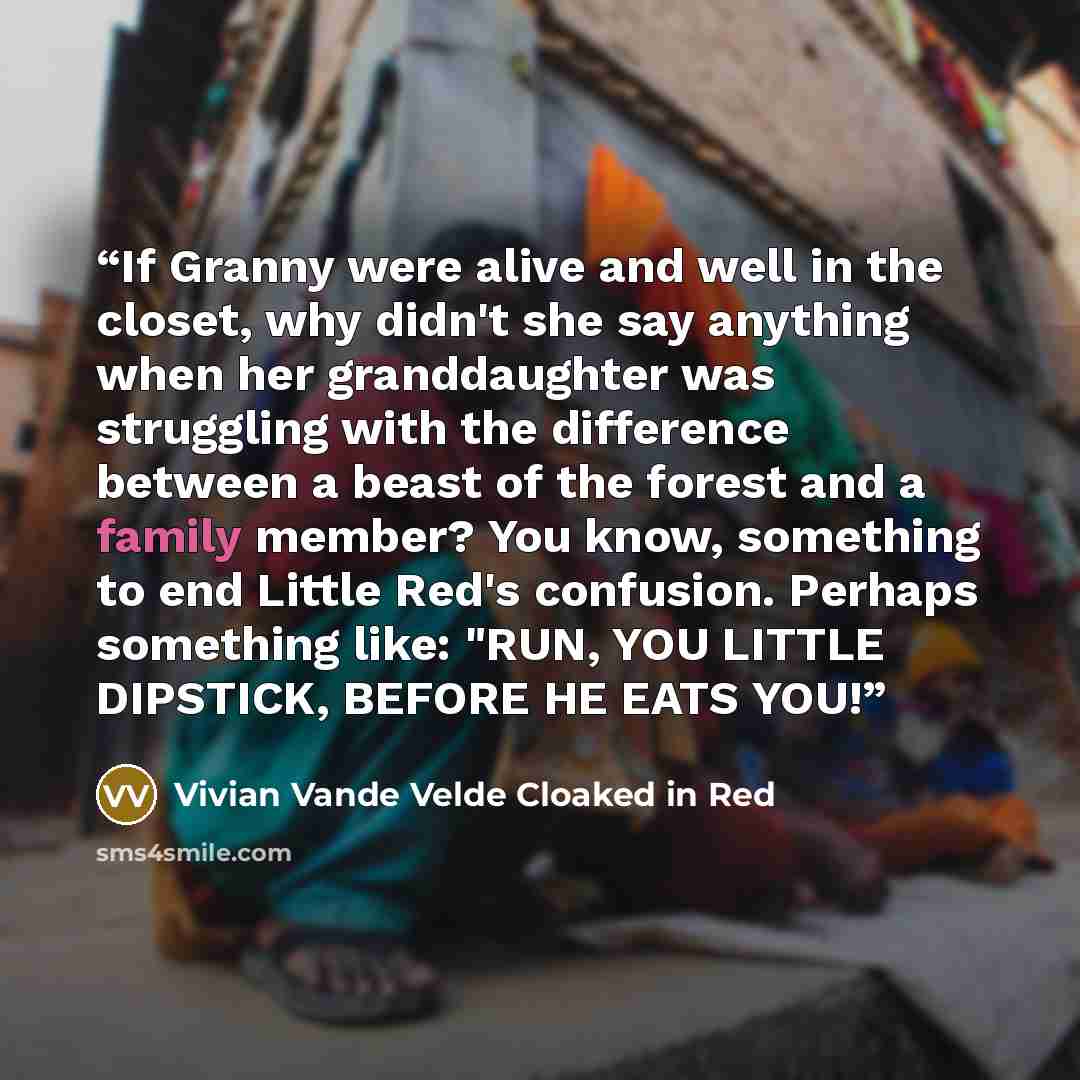 “If Granny were alive and well in the closet, why didn't she say anything when her granddaughter was struggling with the difference between a beast of the forest and a family member? You know, something to end Little Red's confusion. Perhaps something like: "RUN, YOU LITTLE DIPSTICK, BEFORE HE EATS…” quote by Vivian Vande Velde Cloaked in Red