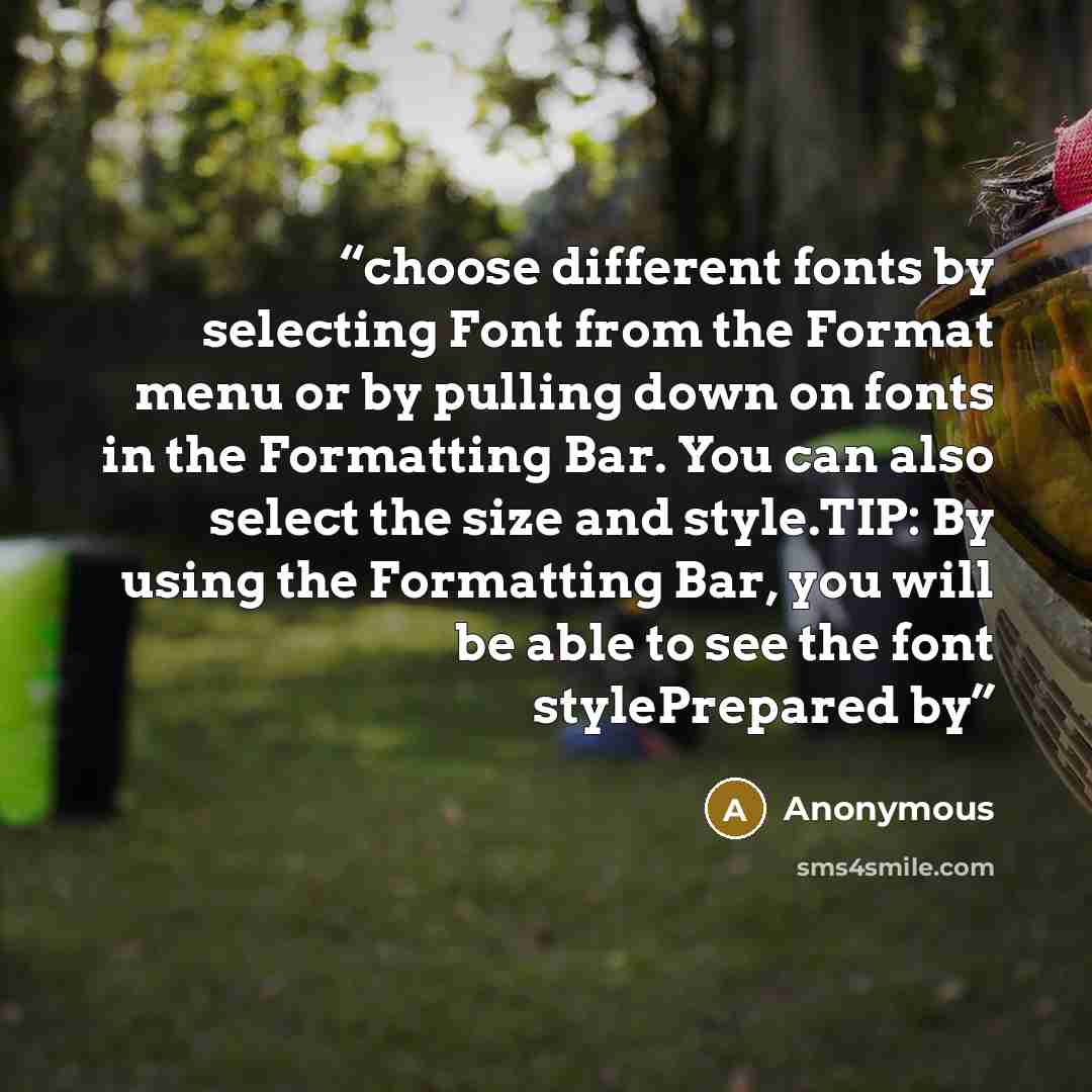 “choose different fonts by selecting Font from the Format menu or by pulling down on fonts in the Formatting Bar. You can also select the size and style.TIP: By using the Formatting Bar, you will be able to see the font stylePrepared by” quote by Anonymous