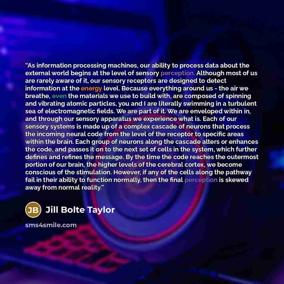 “As information processing machines, our ability to process data about the external world begins at the level of sensory perception. Although most of us are rarely aware of it, our sensory receptors are designed to detect information at the energy level. Because everything around us - the air we…” quote by Jill Bolte Taylor
