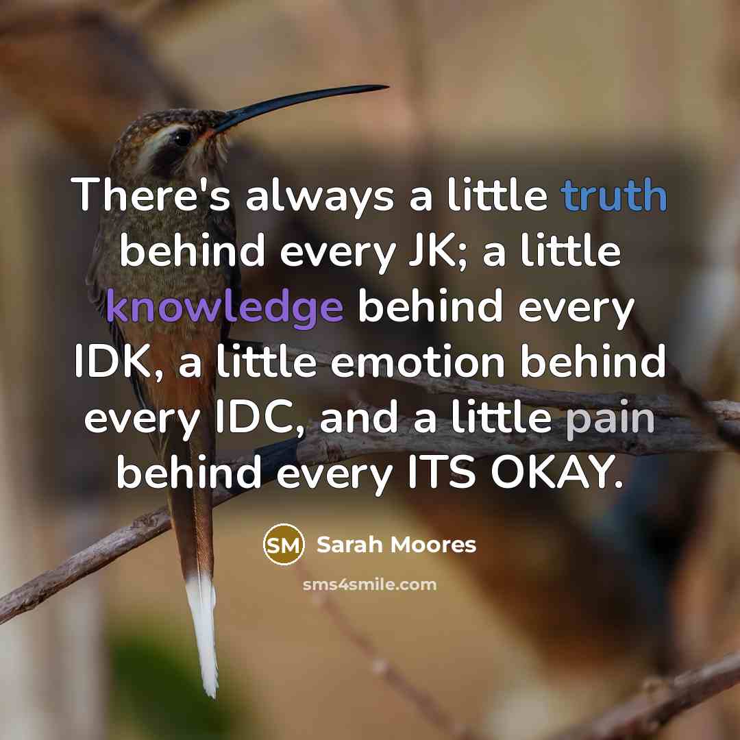 “There's always a little truth behind every JK; a little knowledge behind every IDK, a little emotion behind every IDC, and a little pain behind every ITS OKAY.” quote by Sarah Moores