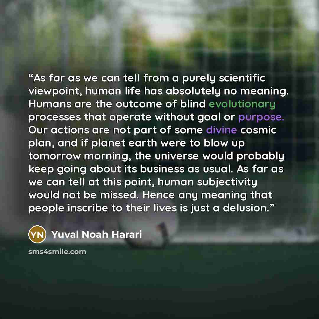“As far as we can tell from a purely scientific viewpoint, human life has absolutely no meaning. Humans are the outcome of blind evolutionary processes that operate without goal or purpose. Our actions are not part of some divine cosmic plan, and if planet earth were to blow up tomorrow morning…” quote by Yuval Noah Harari