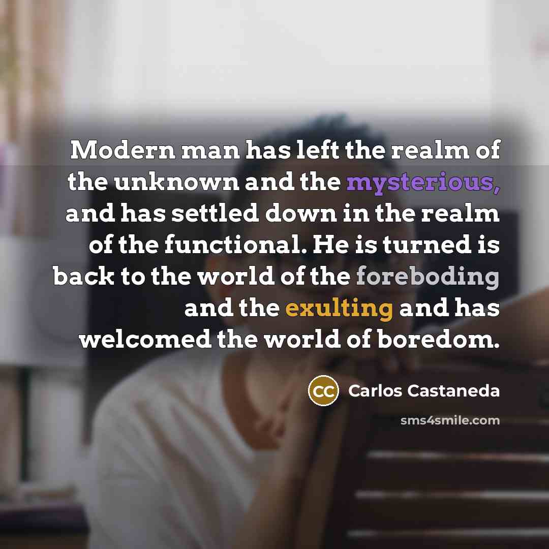 “Modern man has left the realm of the unknown and the mysterious, and has settled down in the realm of the functional. He is turned is back to the world of the foreboding and the exulting and has welcomed the world of boredom.” quote by Carlos Castaneda