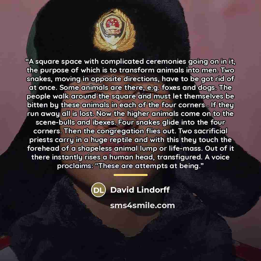 “A square space with complicated ceremonies going on in it, the purpose of which is to transform animals into men. Two snakes, moving in opposite directions, have to be got rid of at once. Some animals are there, e.g. foxes and dogs. The people walk around the square and must let themselves be…” quote by David Lindorff