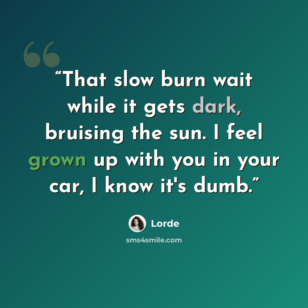 “That slow burn wait while it gets dark, bruising the sun. I feel grown up with you in your car, I know it's dumb.” quote by Lorde