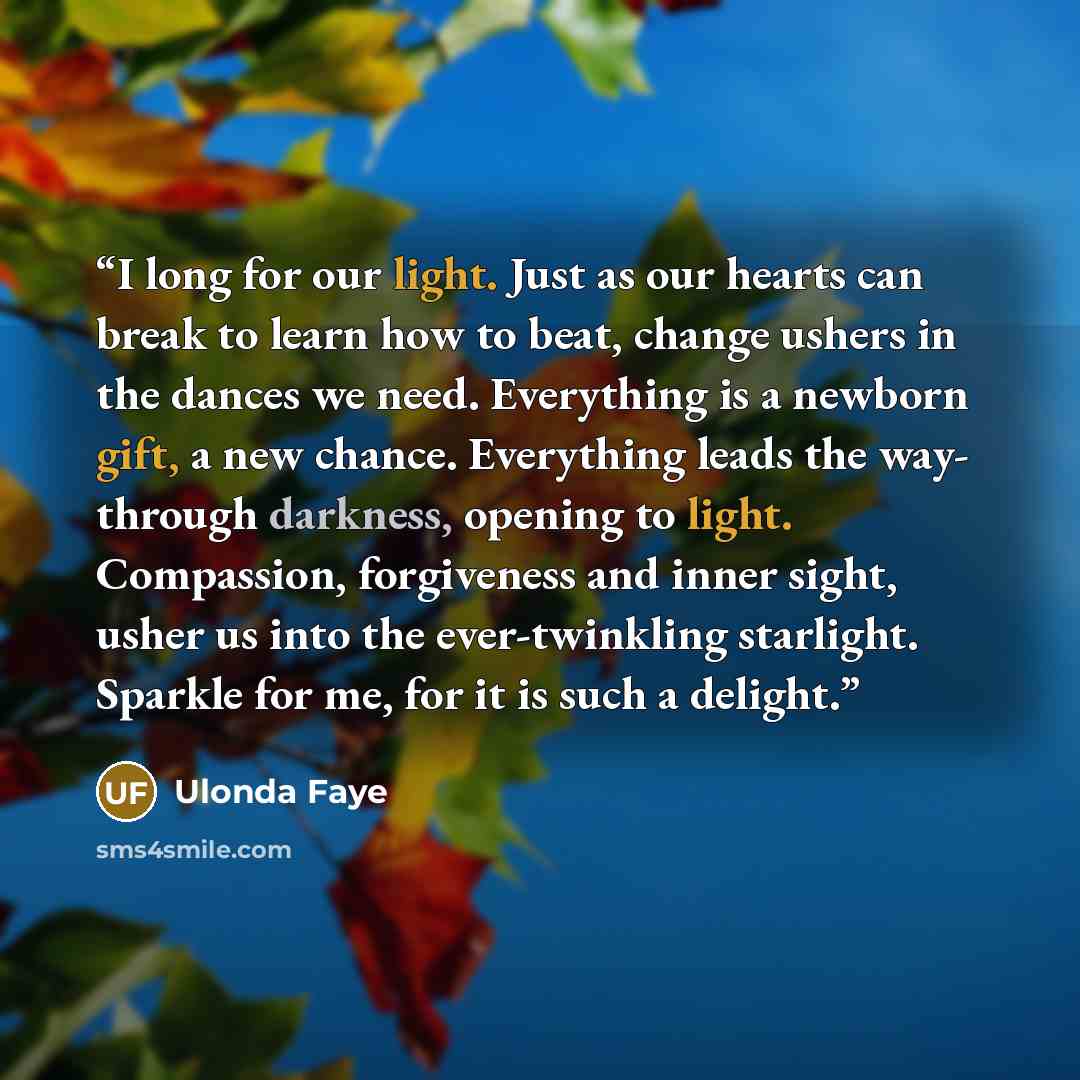 “I long for our light. Just as our hearts can break to learn how to beat, change ushers in the dances we need. Everything is a newborn gift, a new chance. Everything leads the way- through darkness, opening to light. Compassion, forgiveness and inner sight, usher us into the ever-twinkling…” quote by Ulonda Faye