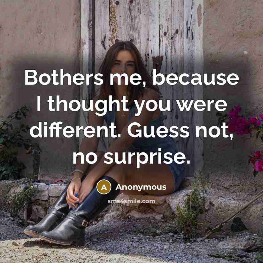 “Bothers me, because I thought you were different. Guess not, no surprise.” quote by Anonymous