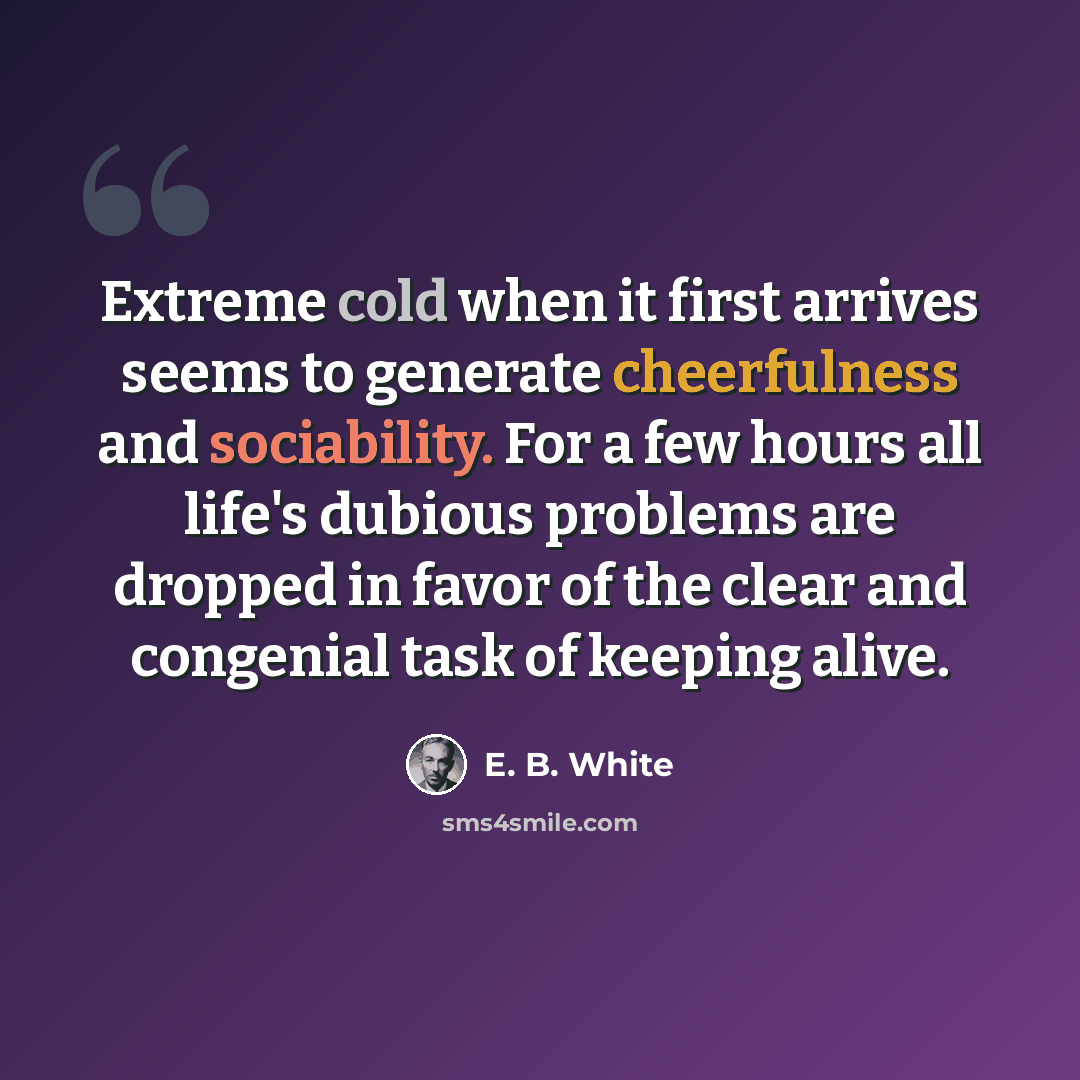 “Extreme cold when it first arrives seems to generate cheerfulness and sociability. For a few hours all life's dubious problems are dropped in favor of the clear and congenial task of keeping alive.” quote by E. B. White