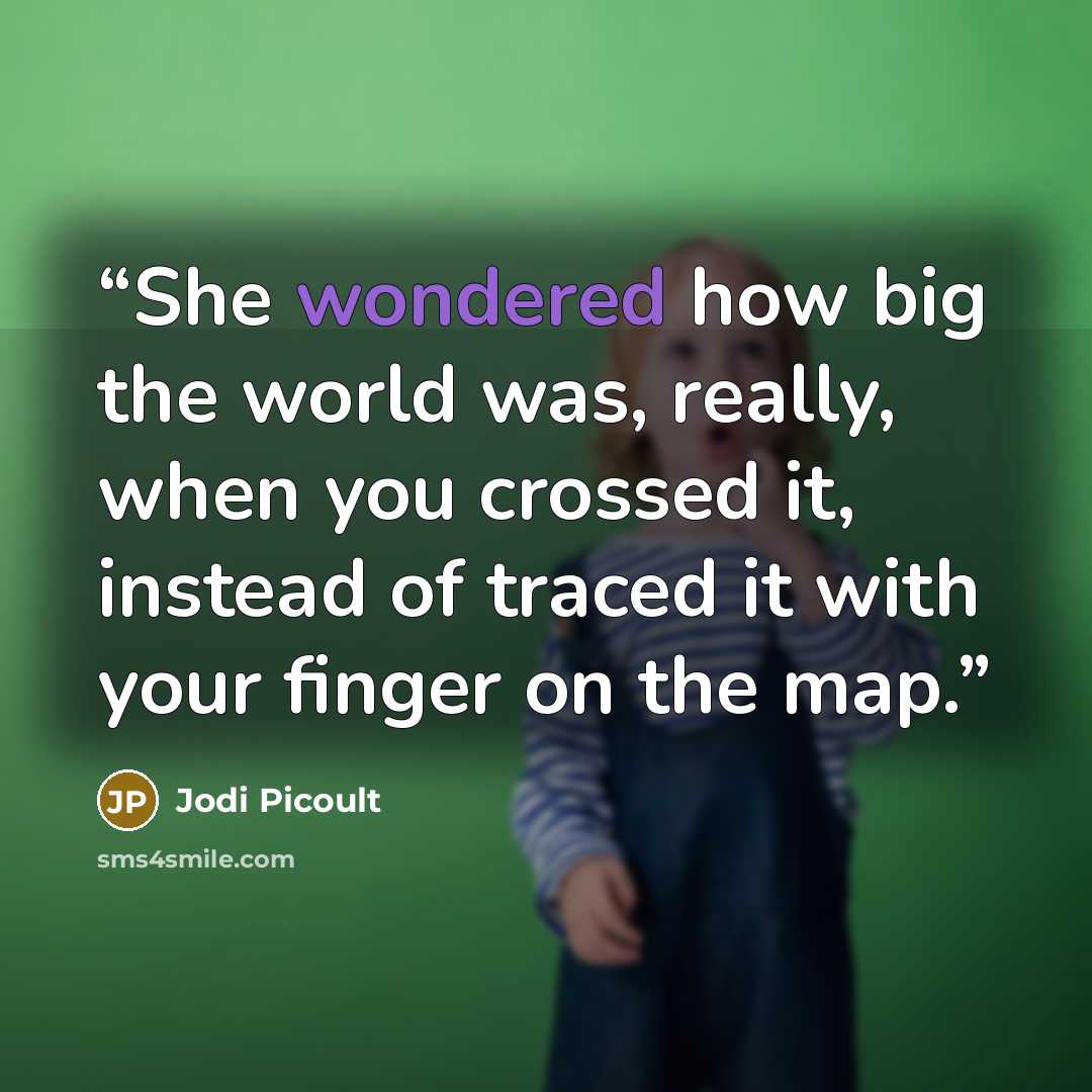 “She wondered how big the world was, really, when you crossed it, instead of traced it with your finger on the map.” quote by Jodi Picoult