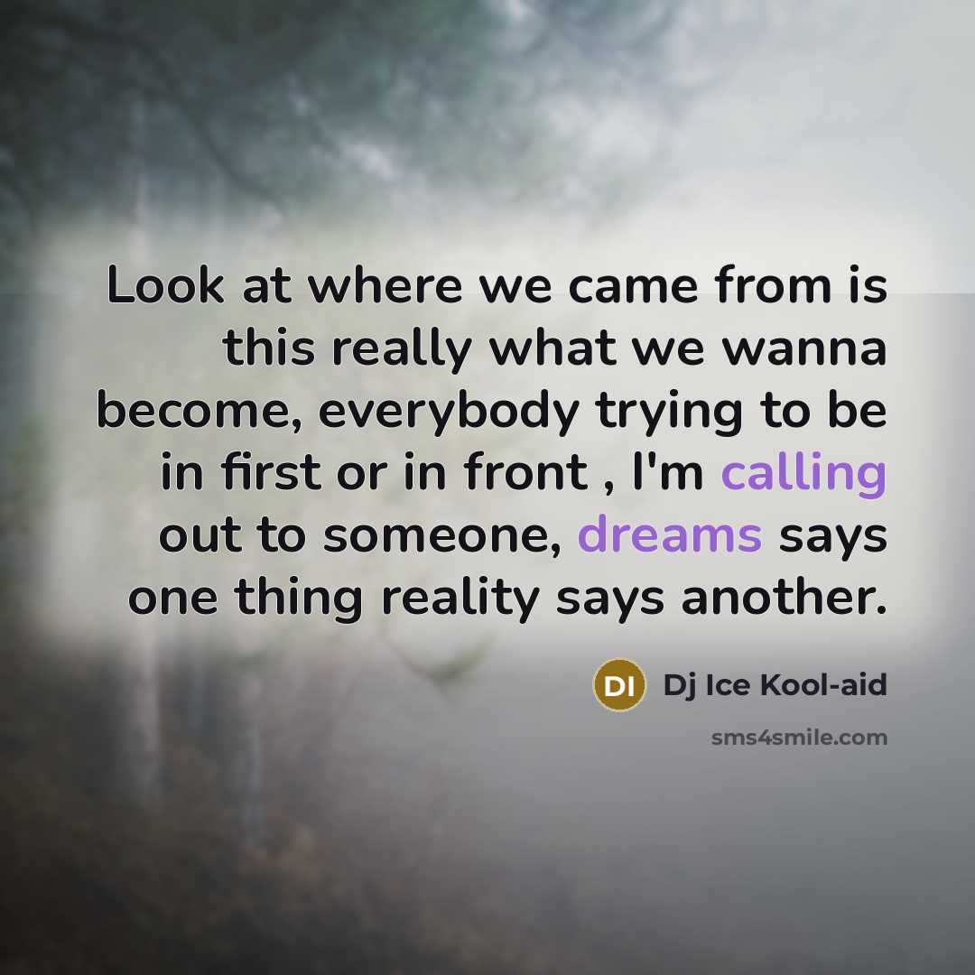 “Look at where we came from is this really what we wanna become, everybody trying to be in first or in front , I'm calling out to someone, dreams says one thing reality says another.” quote by Dj Ice Kool-aid
