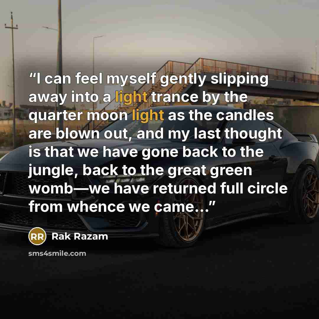 “I can feel myself gently slipping away into a light trance by the quarter moon light as the candles are blown out, and my last thought is that we have gone back to the jungle, back to the great green womb—we have returned full circle from whence we came…” quote by Rak Razam