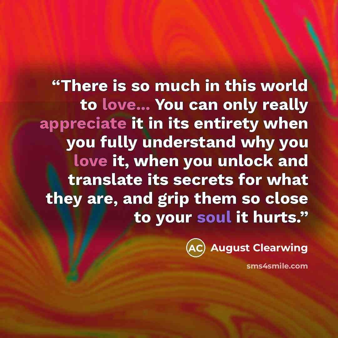 “There is so much in this world to love... You can only really appreciate it in its entirety when you fully understand why you love it, when you unlock and translate its secrets for what they are, and grip them so close to your soul it hurts.” quote by August Clearwing