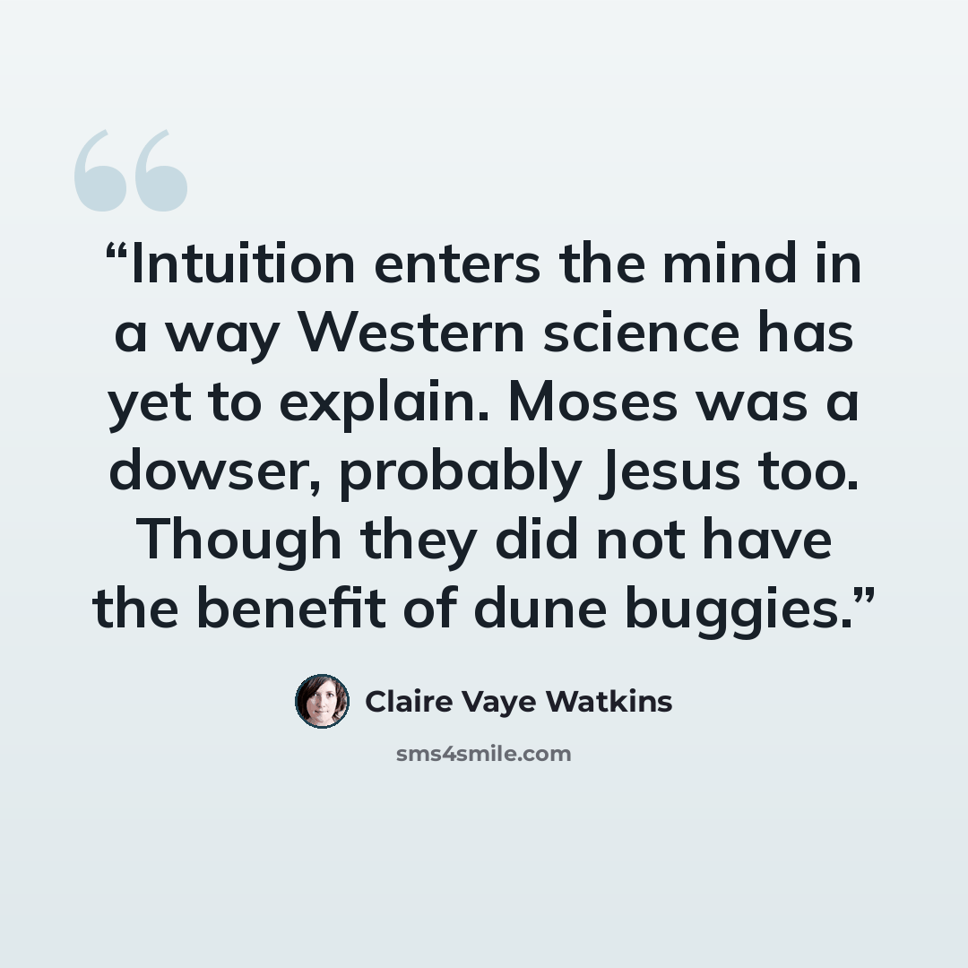 “Intuition enters the mind in a way Western science has yet to explain. Moses was a dowser, probably Jesus too. Though they did not have the benefit of dune buggies.” quote by Claire Vaye Watkins