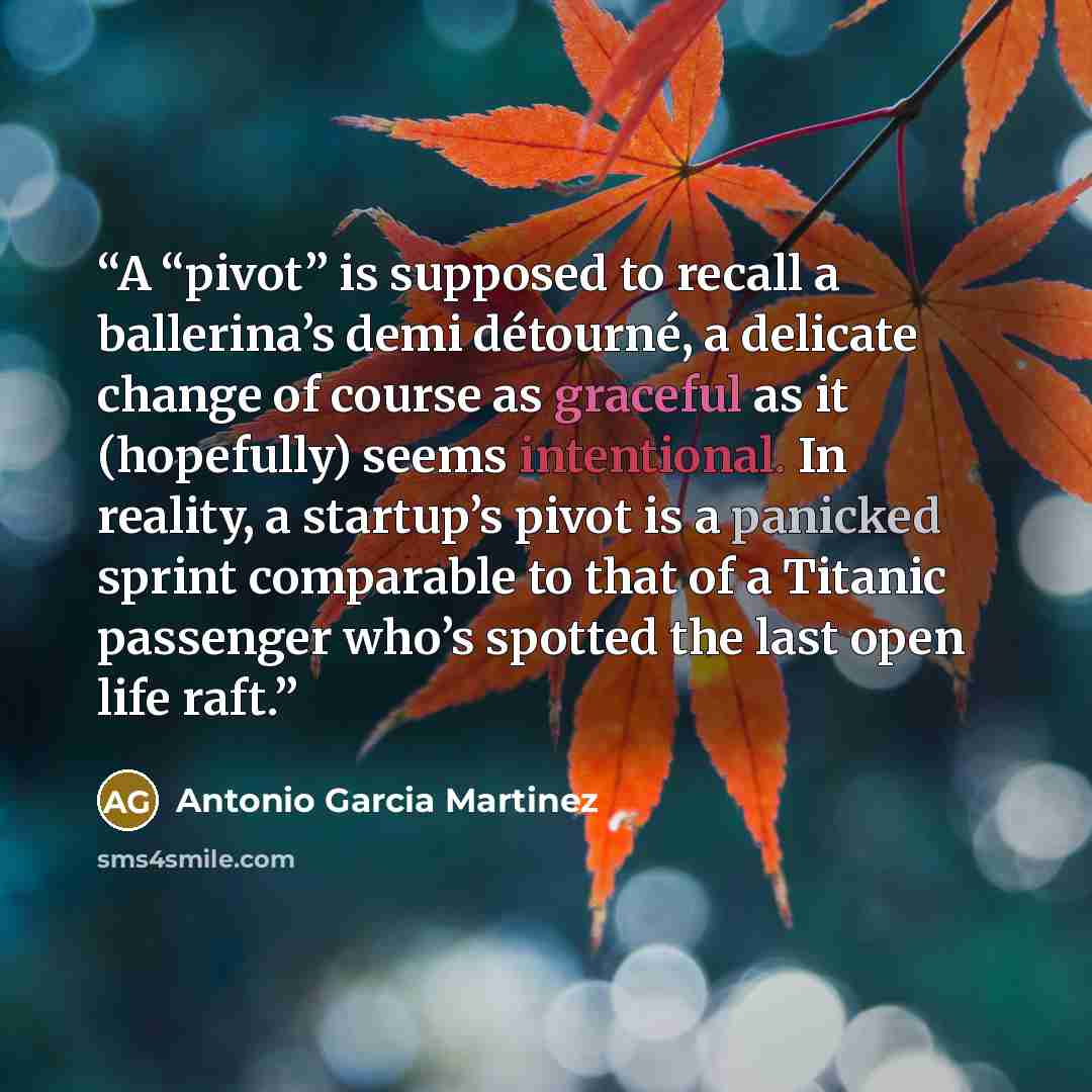 “A “pivot” is supposed to recall a ballerina’s demi détourné, a delicate change of course as graceful as it (hopefully) seems intentional. In reality, a startup’s pivot is a panicked sprint comparable to that of a Titanic passenger who’s spotted the last open life raft.” quote by Antonio Garcia Martinez