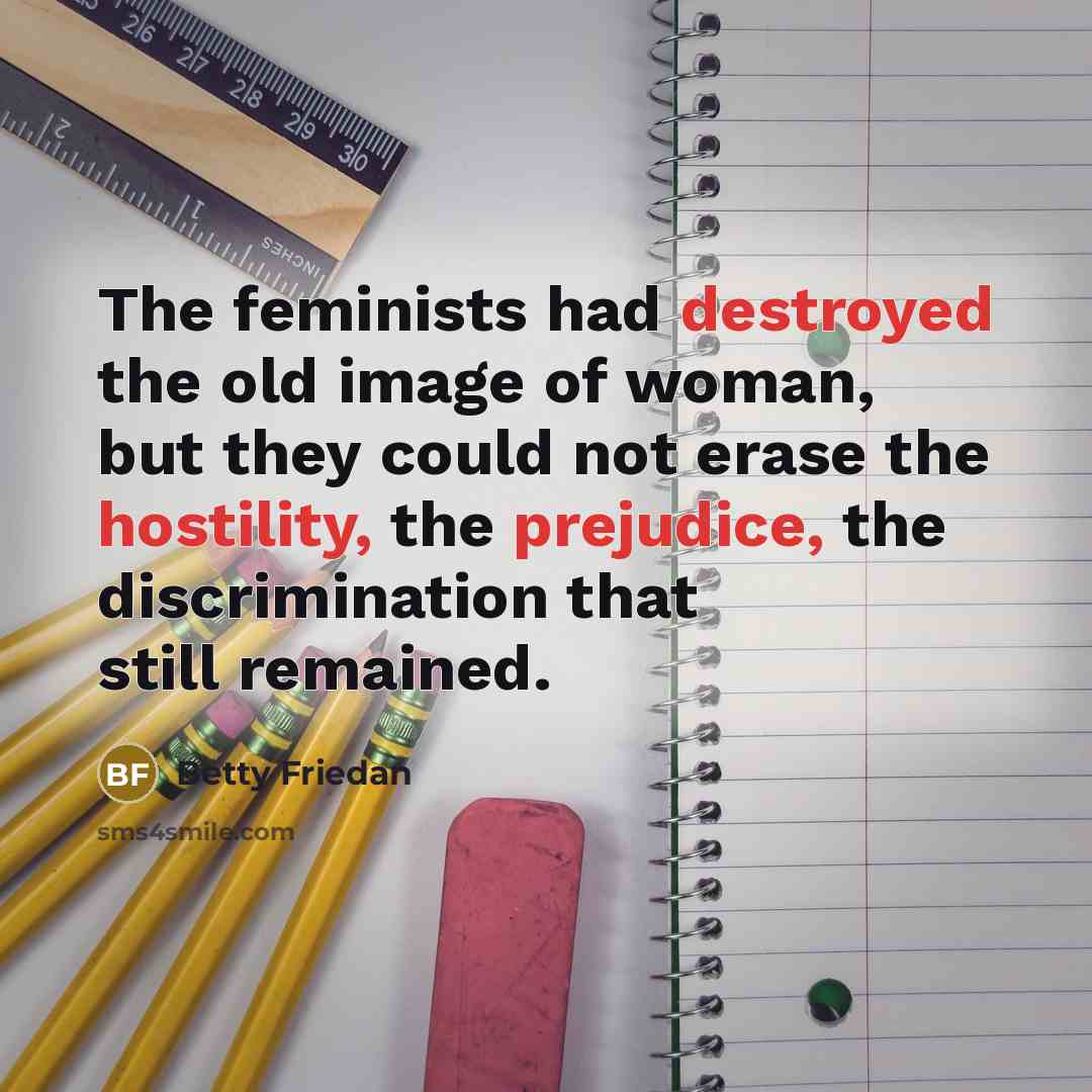 “The feminists had destroyed the old image of woman, but they could not erase the hostility, the prejudice, the discrimination that still remained.” quote by Betty Friedan