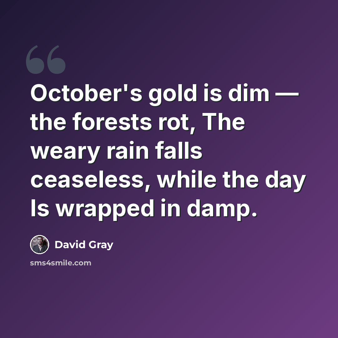 “October's gold is dim — the forests rot, The weary rain falls ceaseless, while the day Is wrapped in damp.” quote by David Gray
