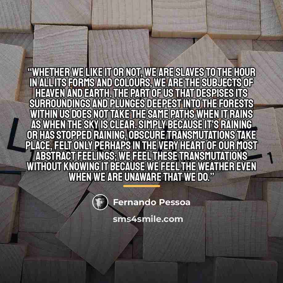 “Whether we like it or not, we are slaves to the hour in all its forms and colours, we are the subjects of heaven and earth. The part of us that despises its surroundings and plunges deepest into the forests within us does not take the same paths when it rains as when the sky is clear. Simply…” quote by Fernando Pessoa
