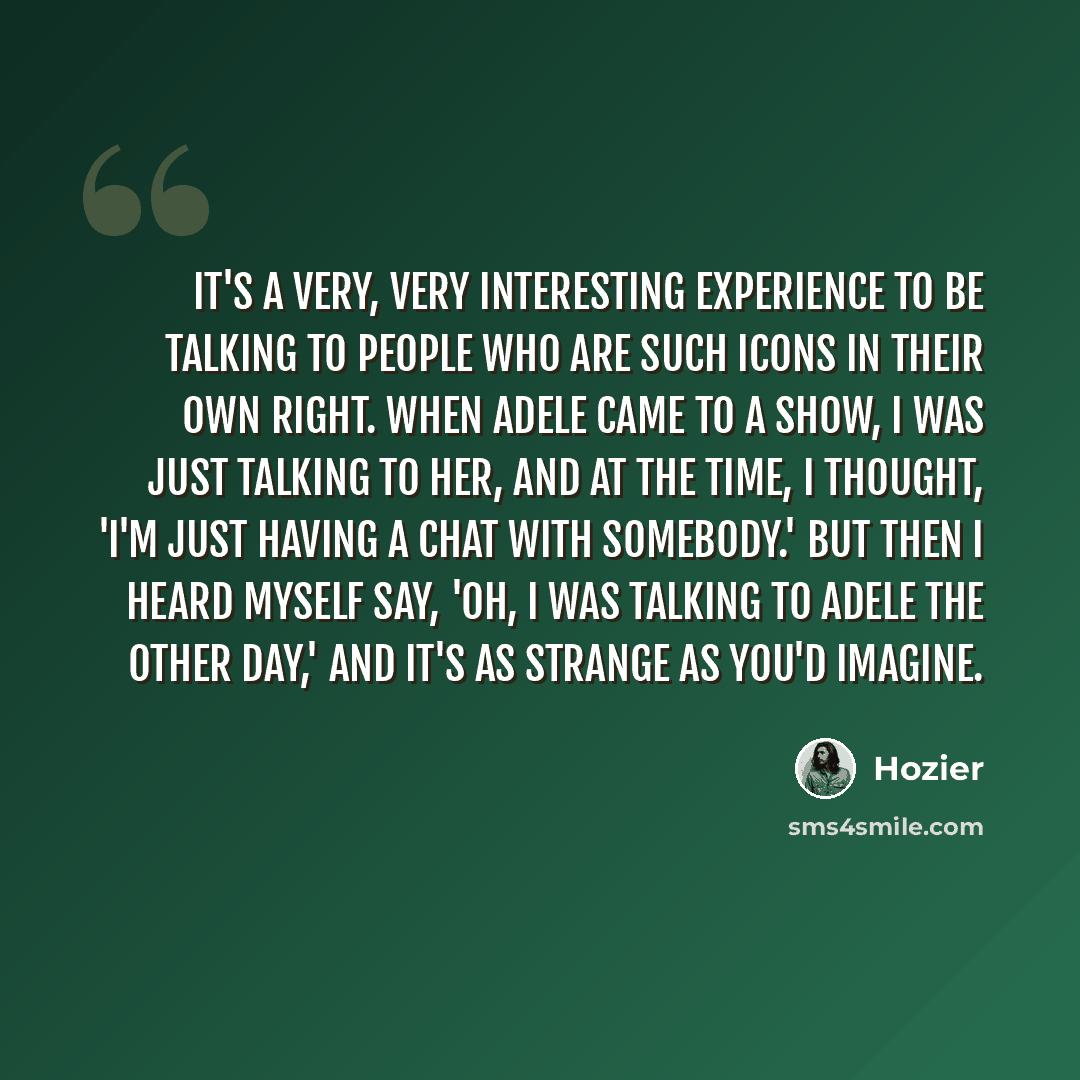“It's a very, very interesting experience to be talking to people who are such icons in their own right. When Adele came to a show, I was just talking to her, and at the time, I thought, 'I'm just having a chat with somebody.' But then I heard myself say, 'Oh, I was talking to Adele the other day,'…” quote by Hozier