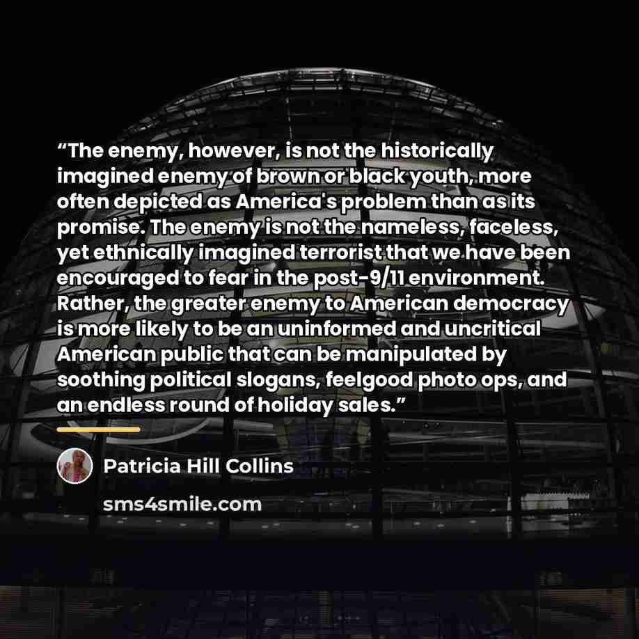 “The enemy, however, is not the historically imagined enemy of brown or black youth, more often depicted as America's problem than as its promise. The enemy is not the nameless, faceless, yet ethnically imagined terrorist that we have been encouraged to fear in the post-9/11 environment. Rather…” quote by Patricia Hill Collins