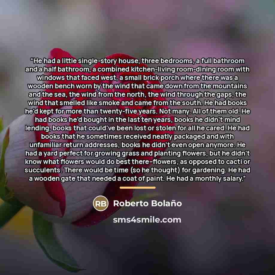 “He had a little single-story house, three bedrooms, a full bathroom and a half bathroom, a combined kitchen-living room-dining room with windows that faced west, a small brick porch where there was a wooden bench worn by the wind that came down from the mountains and the sea, the wind from the…” quote by Roberto Bolaño
