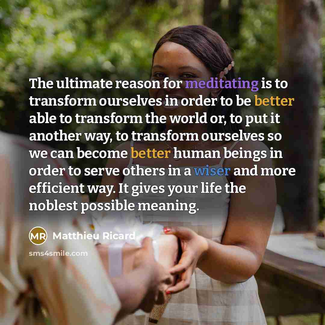 “The ultimate reason for meditating is to transform ourselves in order to be better able to transform the world or, to put it another way, to transform ourselves so we can become better human beings in order to serve others in a wiser and more efficient way. It gives your life the noblest possible…” quote by Matthieu Ricard