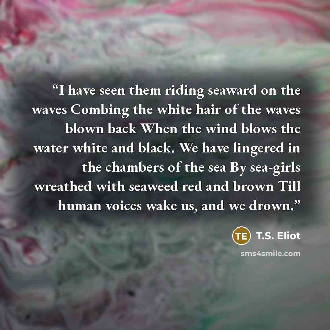 “I have seen them riding seaward on the waves Combing the white hair of the waves blown back When the wind blows the water white and black. We have lingered in the chambers of the sea By sea-girls wreathed with seaweed red and brown Till human voices wake us, and we drown.” quote by T.S. Eliot