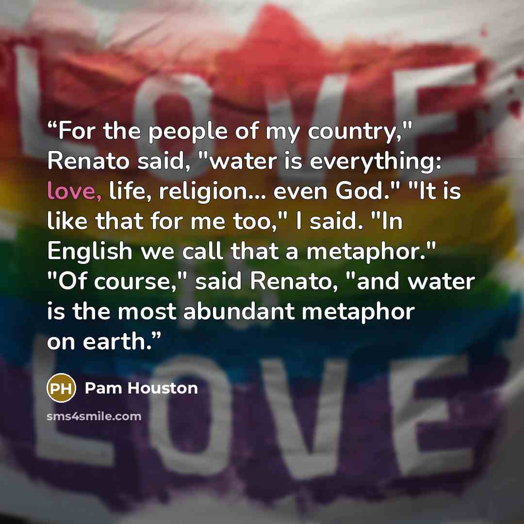 “For the people of my country," Renato said, "water is everything: love, life, religion... even God." "It is like that for me too," I said. "In English we call that a metaphor." "Of course," said Renato, "and water is the most abundant metaphor on earth.” quote by Pam Houston