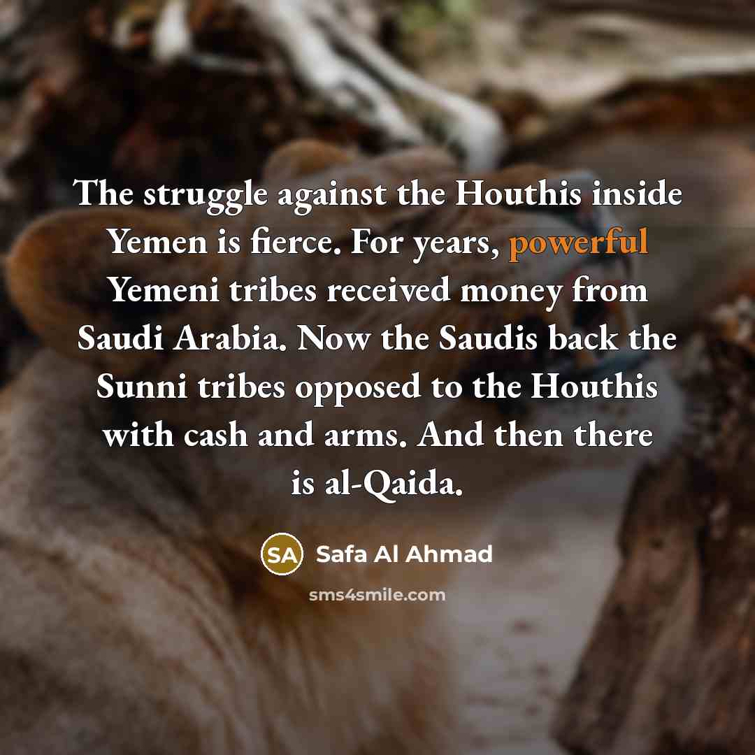 “The struggle against the Houthis inside Yemen is fierce. For years, powerful Yemeni tribes received money from Saudi Arabia. Now the Saudis back the Sunni tribes opposed to the Houthis with cash and arms. And then there is al-Qaida.” quote by Safa Al Ahmad