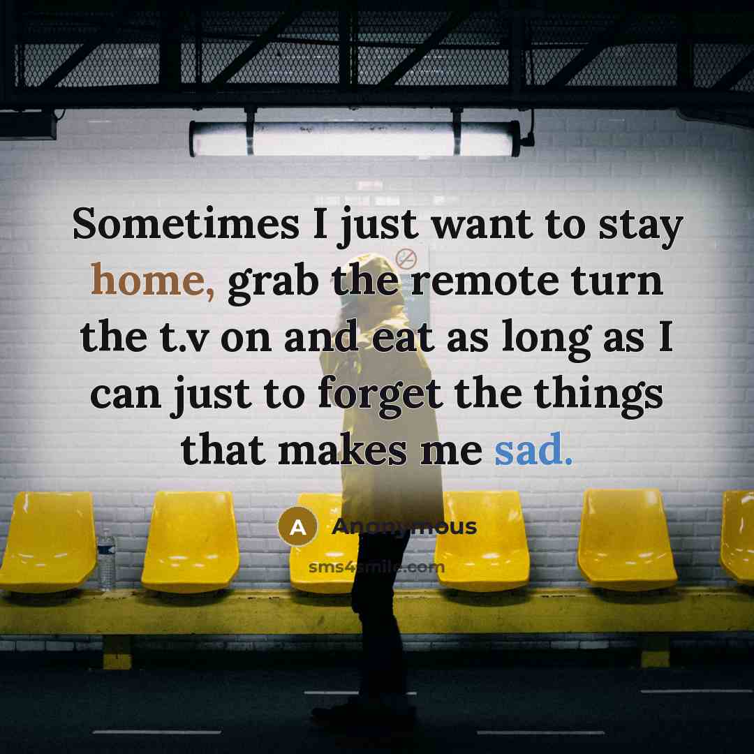 “Sometimes I just want to stay home, grab the remote turn the t.v on and eat as long as I can just to forget the things that makes me sad.” quote by Anonymous