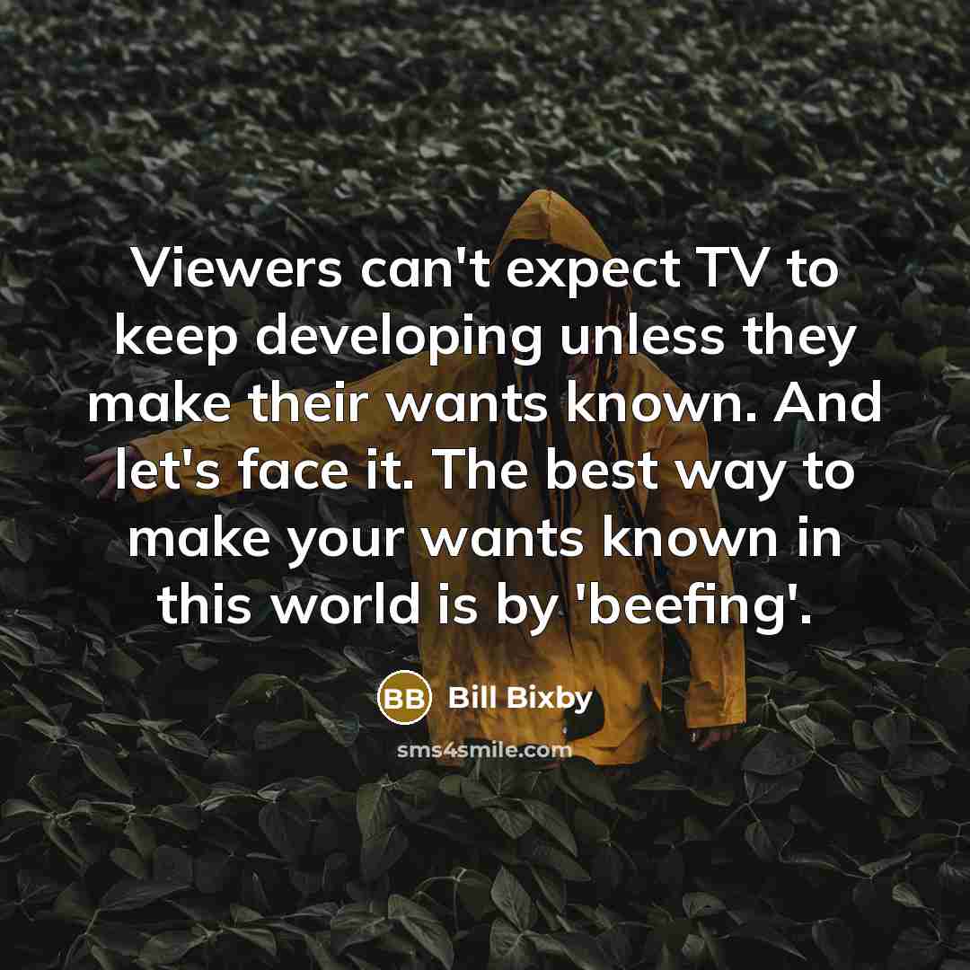 “Viewers can't expect TV to keep developing unless they make their wants known. And let's face it. The best way to make your wants known in this world is by 'beefing'.” quote by Bill Bixby