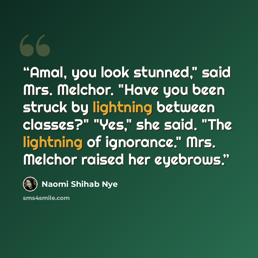 “Amal, you look stunned," said Mrs. Melchor. "Have you been struck by lightning between classes?" "Yes," she said. "The lightning of ignorance." Mrs. Melchor raised her eyebrows.” quote by Naomi Shihab Nye