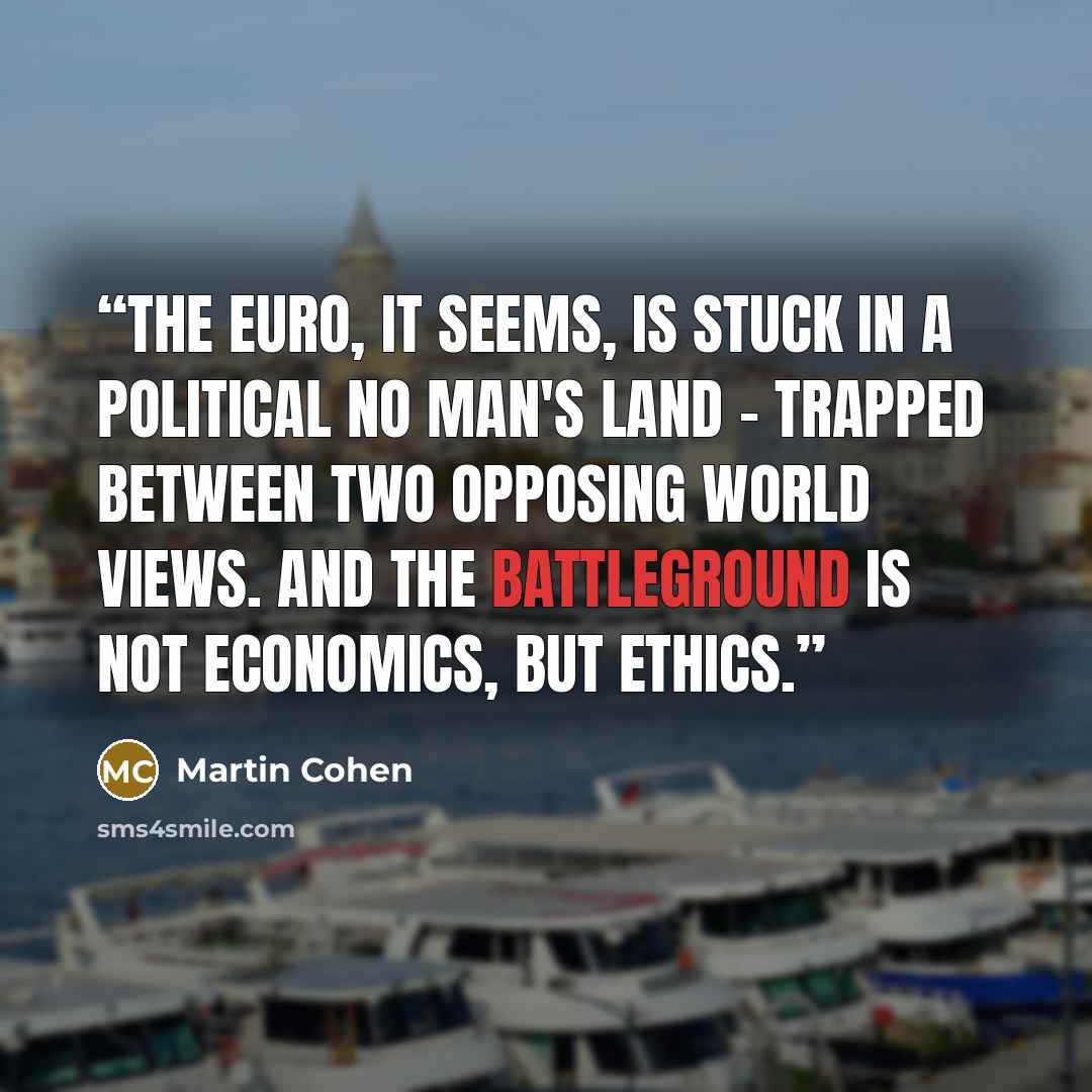 “the euro, it seems, is stuck in a political no man's land – trapped between two opposing world views. And the battleground is not economics, but ethics.” quote by Martin Cohen