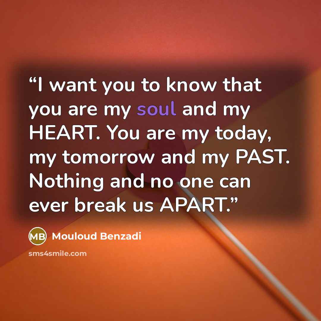 “I want you to know that you are my soul and my HEART. You are my today, my tomorrow and my PAST. Nothing and no one can ever break us APART.” quote by Mouloud Benzadi