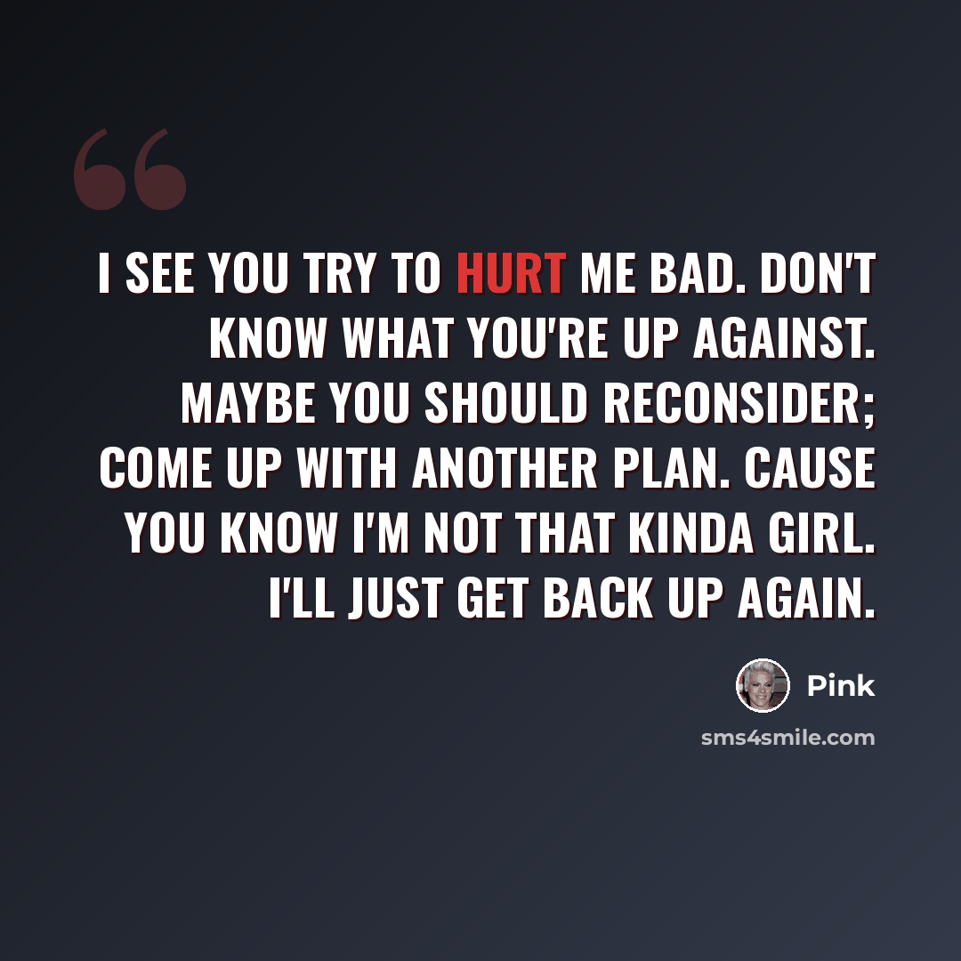 “I see you try to hurt me bad. Don't know what you're up against. Maybe you should reconsider; come up with another plan. Cause you know I'm not that kinda girl. I'll just get back up again.” quote by Pink