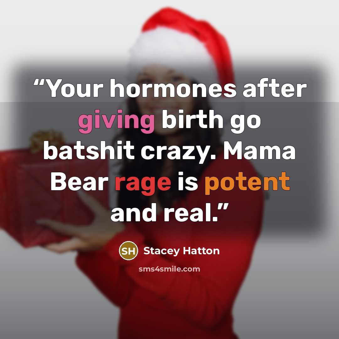 “Your hormones after giving birth go batshit crazy. Mama Bear rage is potent and real.” quote by Stacey Hatton