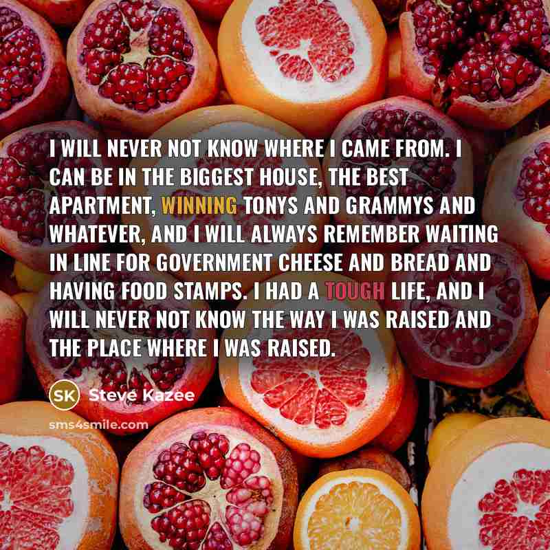 “I will never not know where I came from. I can be in the biggest house, the best apartment, winning Tonys and Grammys and whatever, and I will always remember waiting in line for government cheese and bread and having food stamps. I had a tough life, and I will never not know the way I was raised…” quote by Steve Kazee
