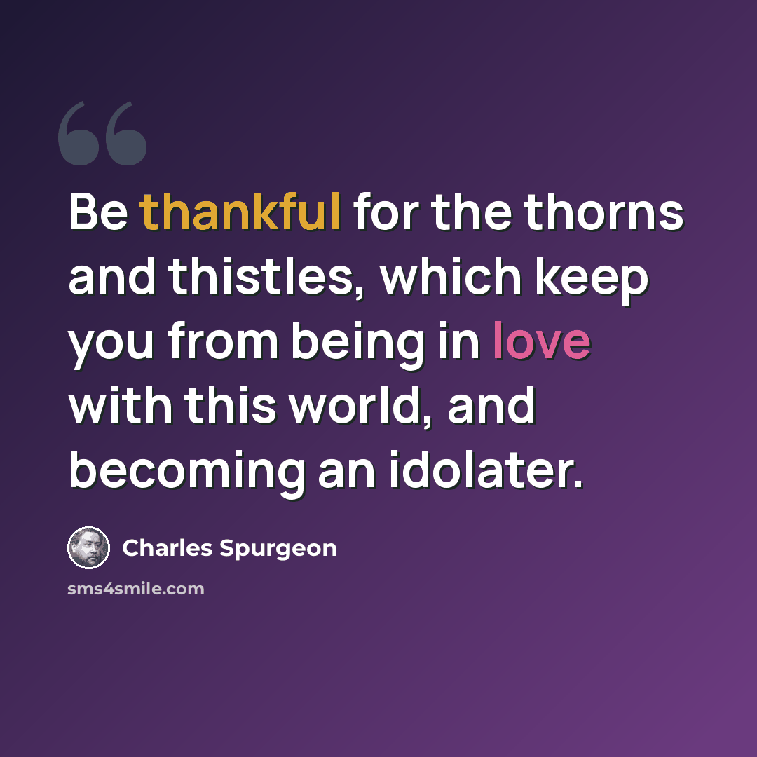 “Be thankful for the thorns and thistles, which keep you from being in love with this world, and becoming an idolater.” quote by Charles Spurgeon