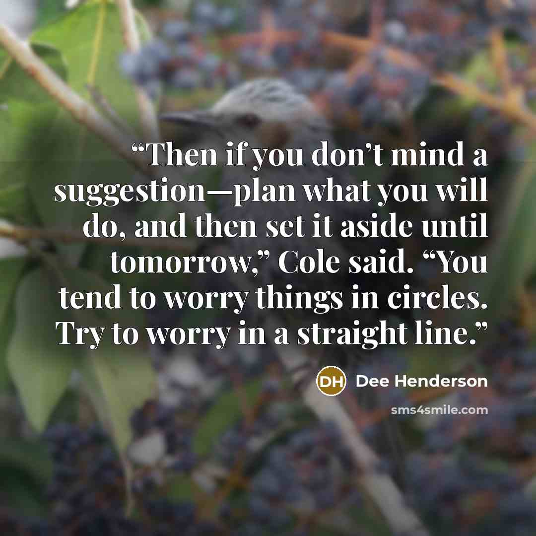 “Then if you don’t mind a suggestion—plan what you will do, and then set it aside until tomorrow,” Cole said. “You tend to worry things in circles. Try to worry in a straight line.” quote by Dee Henderson