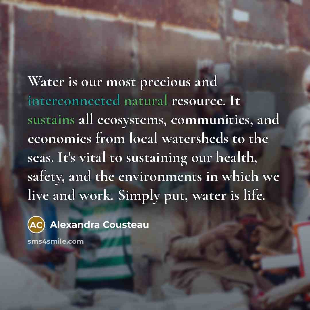 “Water is our most precious and interconnected natural resource. It sustains all ecosystems, communities, and economies from local watersheds to the seas. It's vital to sustaining our health, safety, and the environments in which we live and work. Simply put, water is life.” quote by Alexandra Cousteau