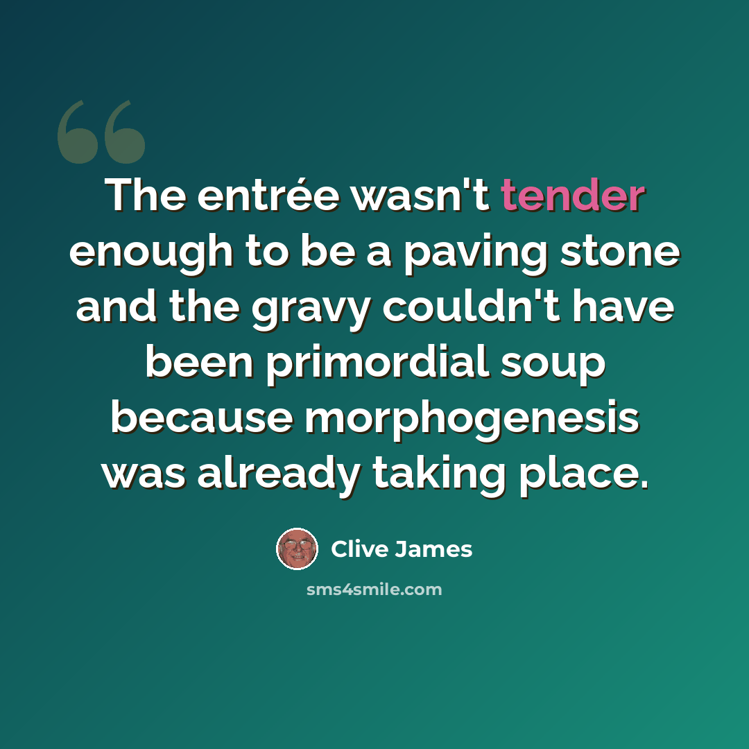 “The entrée wasn't tender enough to be a paving stone and the gravy couldn't have been primordial soup because morphogenesis was already taking place.” quote by Clive James