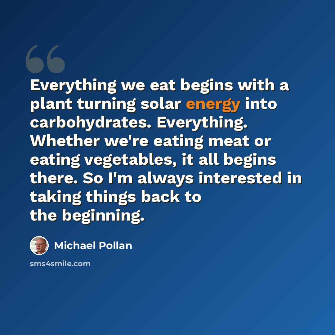 “Everything we eat begins with a plant turning solar energy into carbohydrates. Everything. Whether we're eating meat or eating vegetables, it all begins there. So I'm always interested in taking things back to the beginning.” quote by Michael Pollan