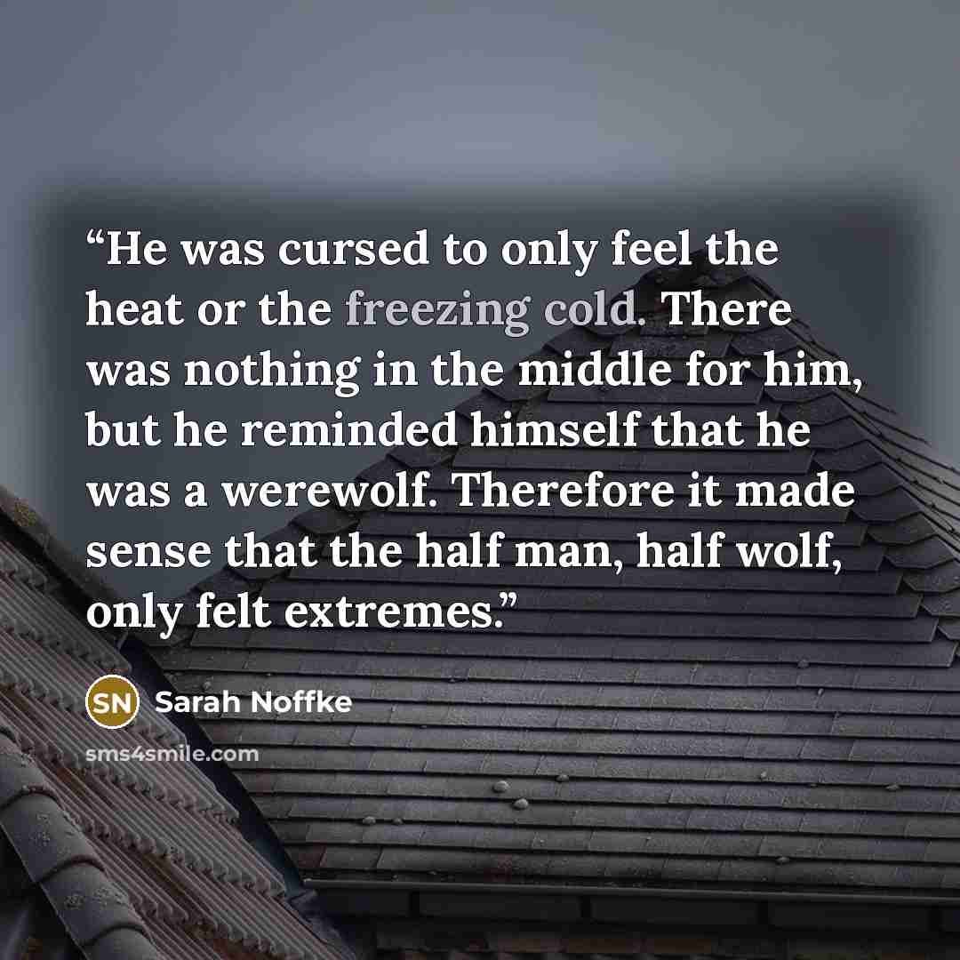 “He was cursed to only feel the heat or the freezing cold. There was nothing in the middle for him, but he reminded himself that he was a werewolf. Therefore it made sense that the half man, half wolf, only felt extremes.” quote by Sarah Noffke